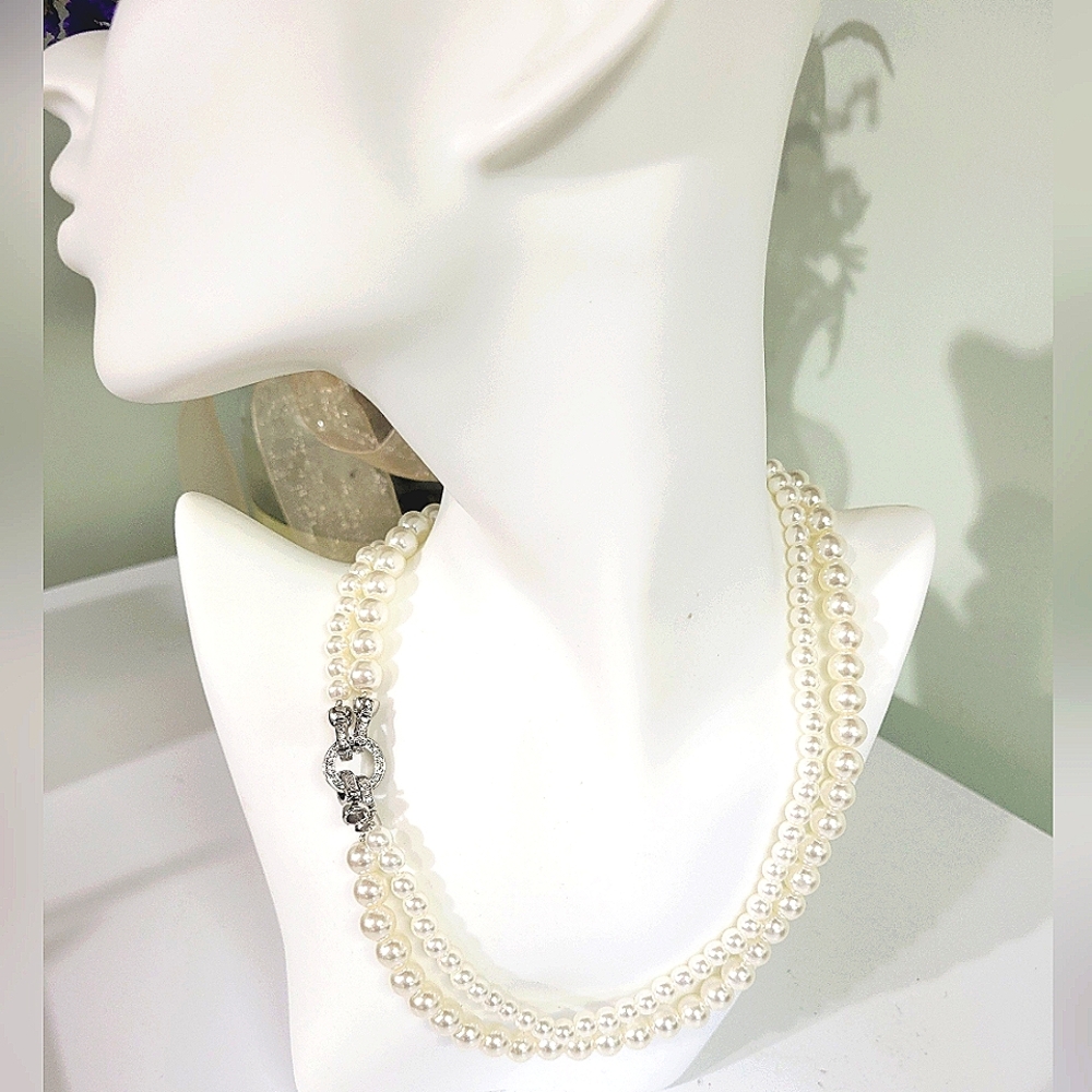 NWT GORGEOUS DOUBLE STRAND Pearl Necklace 925/stainless Steel CLOSURE W CZ